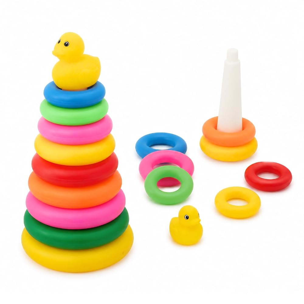 Baby Ring Stacking Toy with Colorful Soft Rings & Cute Duck Topper – Educational Montessori Stacking Rings for Toddlers, Fine Motor Skills Learning Toy for Babies 6 Months+