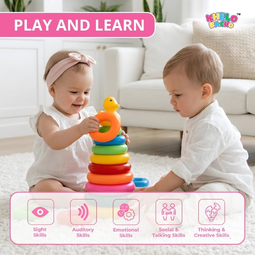Baby Ring Stacking Toy with Colorful Soft Rings & Cute Duck Topper – Educational Montessori Stacking Rings for Toddlers, Fine Motor Skills Learning Toy for Babies 6 Months+